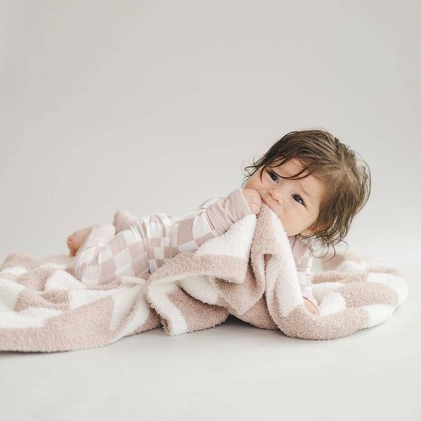 Lucky Panda Kids Checkered Plush Baby Blanket | Latte