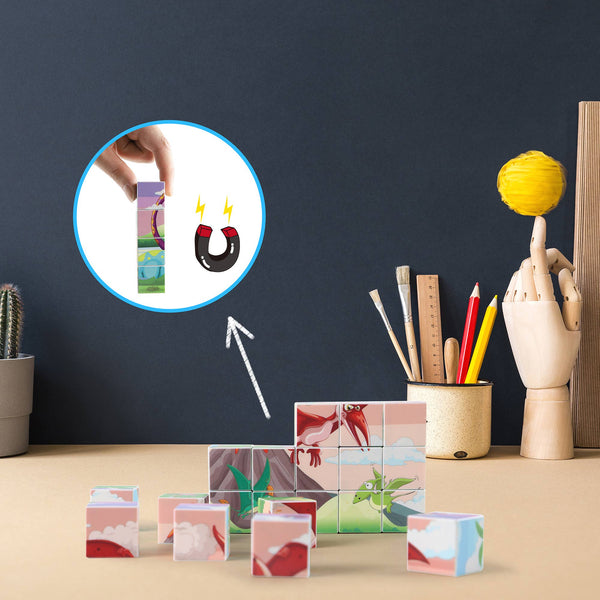 PicassoTiles 1" Magnetic Cube Puzzle Block Dinosaur Set