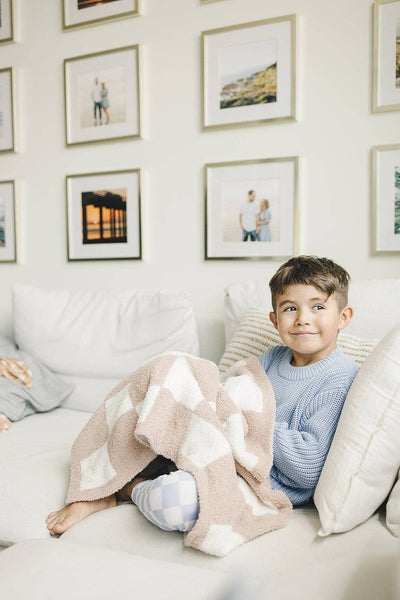Lucky Panda Kids Checkered Plush Baby Blanket | Latte