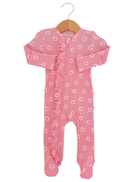 Spearmint Love Organic Waffle 2-Way Zip Ruffle Footie, Pink Flower