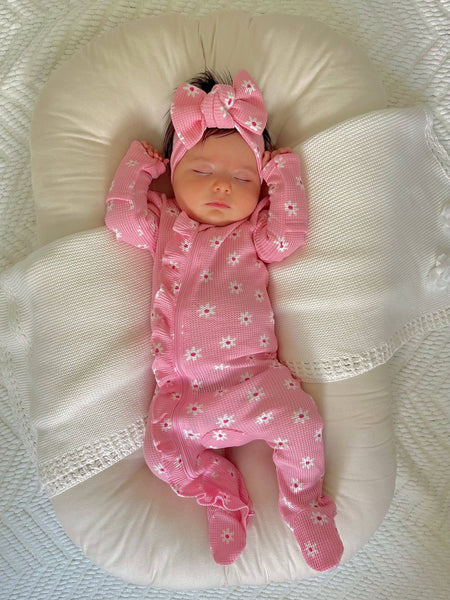 Spearmint Love Organic Waffle 2-Way Zip Ruffle Footie, Pink Flower