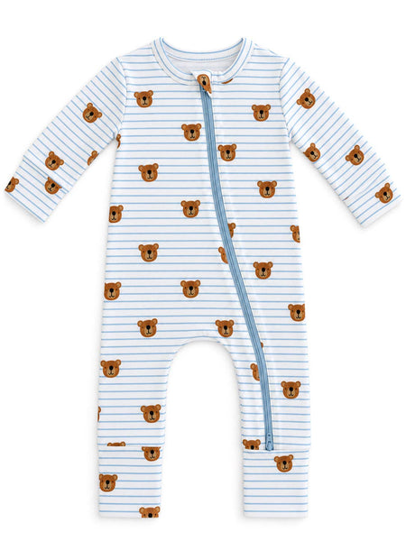 Blue Bear Stripe / Organic Cotton 2-Way Zip Romper