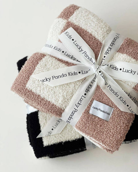 Lucky Panda Kids Checkered Plush Baby Blanket | Latte