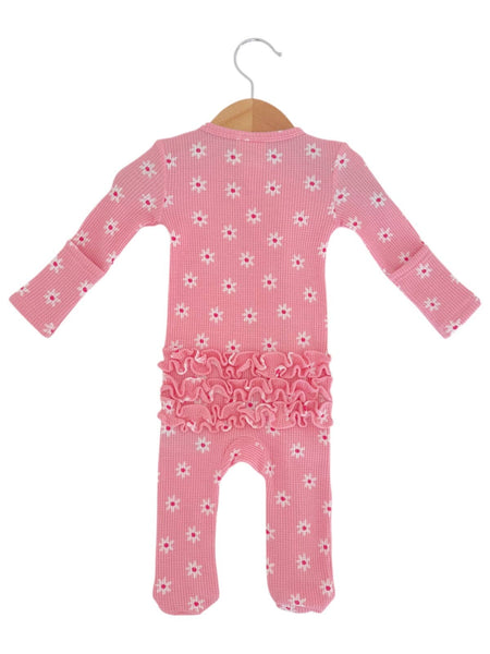 Spearmint Love Organic Waffle 2-Way Zip Ruffle Footie, Pink Flower