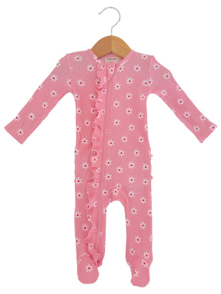 Spearmint Love Organic Waffle 2-Way Zip Ruffle Footie, Pink Flower