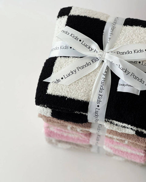 Lucky Panda Kids Checkered Plush Baby Blanket | Black