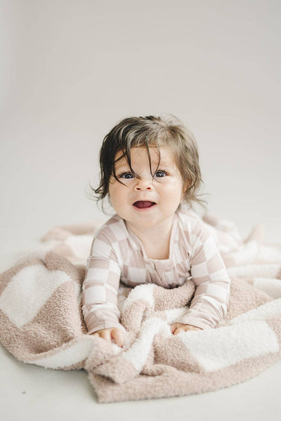 Lucky Panda Kids Checkered Plush Baby Blanket | Latte