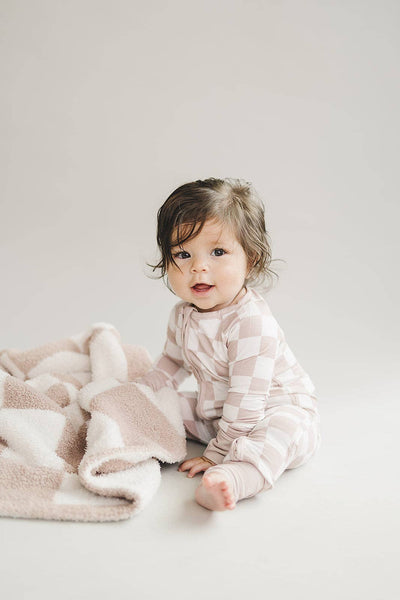 Lucky Panda Kids Checkered Plush Baby Blanket | Latte