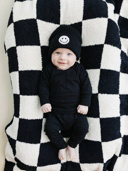 Lucky Panda Kids Checkered Plush Baby Blanket | Black