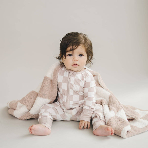 Lucky Panda Kids Checkered Plush Baby Blanket | Latte