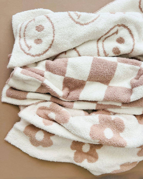 Lucky Panda Kids Checkered Plush Baby Blanket | Latte