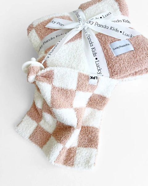 Lucky Panda Kids Checkered Plush Lovey | Latte