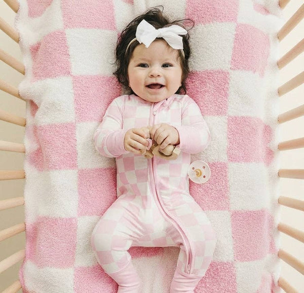 Lucky Panda Kids Checkered Plush Baby Blanket | Pink