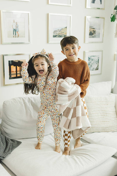 Lucky Panda Kids Checkered Plush Baby Blanket | Latte