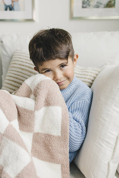 Lucky Panda Kids Checkered Plush Baby Blanket | Latte