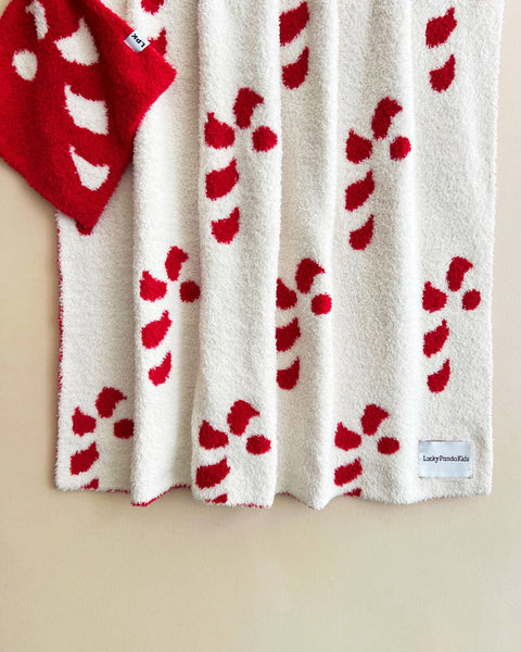 Lucky Panda Kids Christmas Fuzzy Blanket | Candy Cane