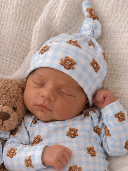 Spearmint Love Knot Beanie, Blue Teddy Picnic