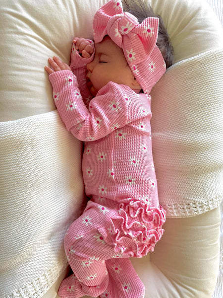 Spearmint Love Organic Waffle 2-Way Zip Ruffle Footie, Pink Flower