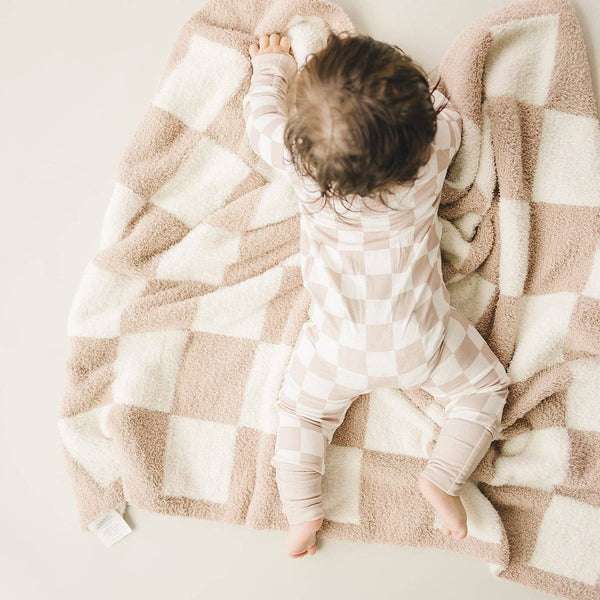 Lucky Panda Kids Checkered Plush Baby Blanket | Latte