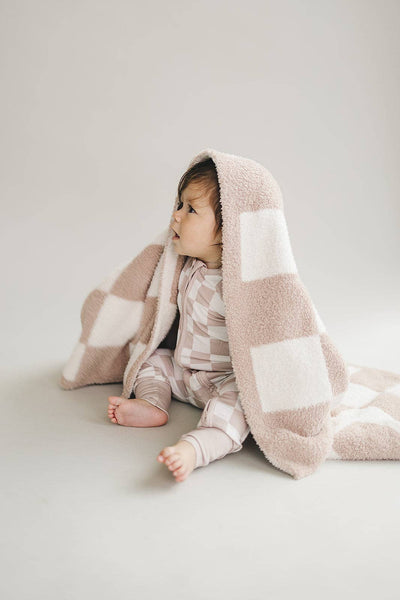 Lucky Panda Kids Checkered Plush Baby Blanket | Latte
