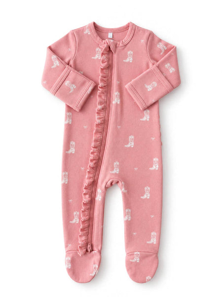Boots & Bows / Organic Cotton Frill 2-Way Zip Footie