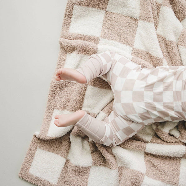 Lucky Panda Kids Checkered Plush Baby Blanket | Latte