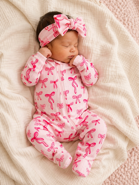 Pink Bows / Organic Pointelle 2-Way Zip Footie
