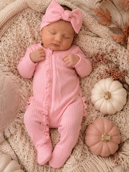 Pink / Ribbed Frill 2-Way Zip Footie