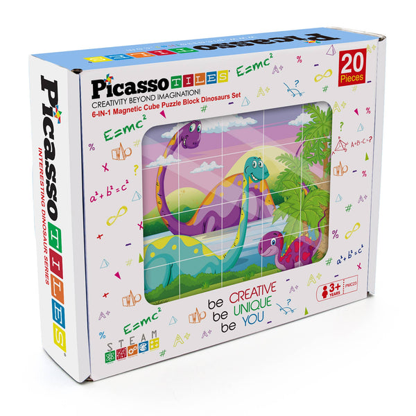 PicassoTiles 1" Magnetic Cube Puzzle Block Dinosaur Set