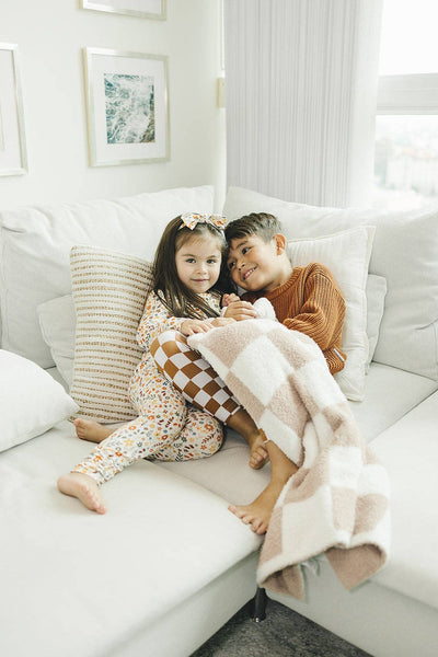 Lucky Panda Kids Checkered Plush Baby Blanket | Latte