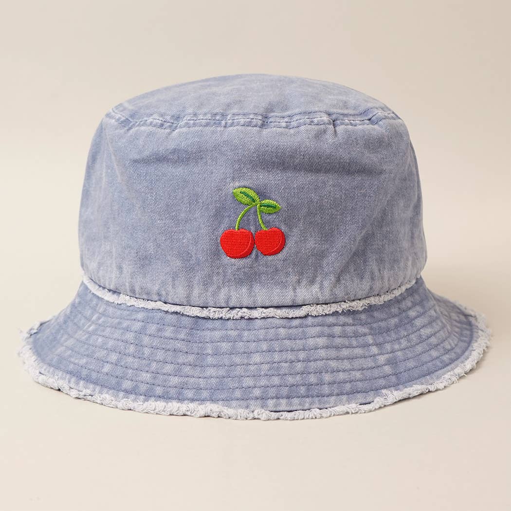 Cherry Distressed Denim Cotton Bucket Hat